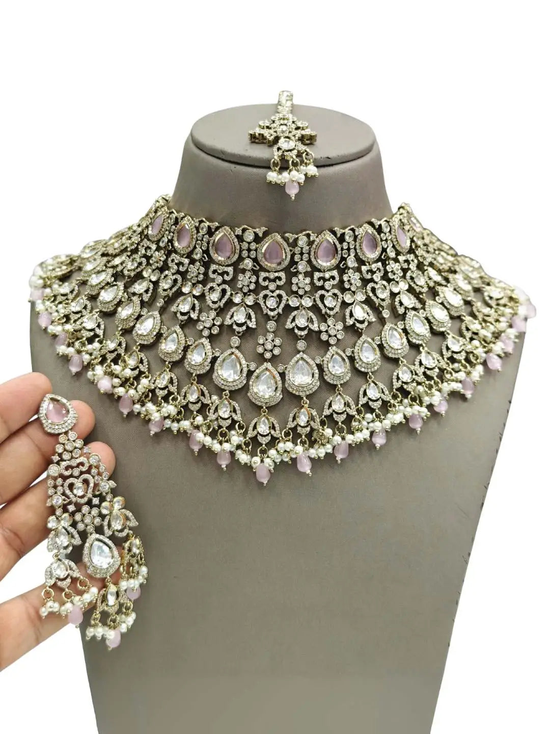 Ishhaara Pink Stone Studded And Beaded Choker Necklace Set