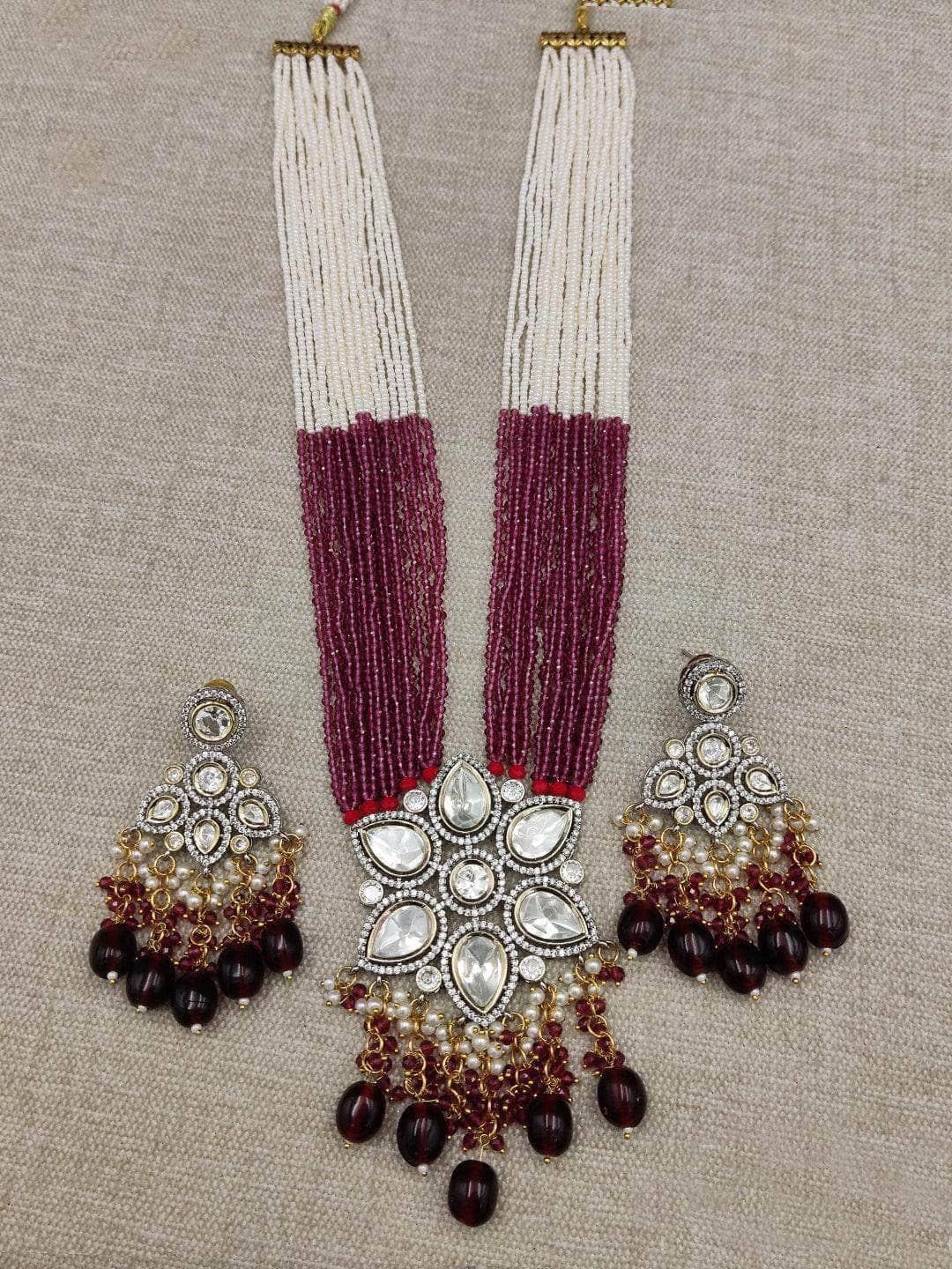 Ishhaara Pink Stone Studded Long Necklace Set