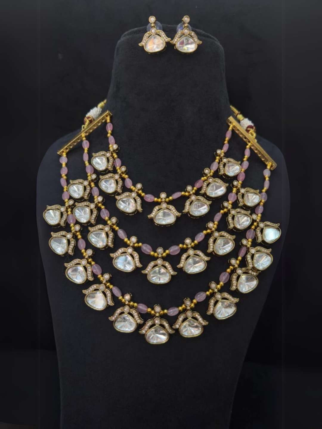 Ishhaara Pink Three Layer Doublet Stone Designer Necklace Set In Victorian Style