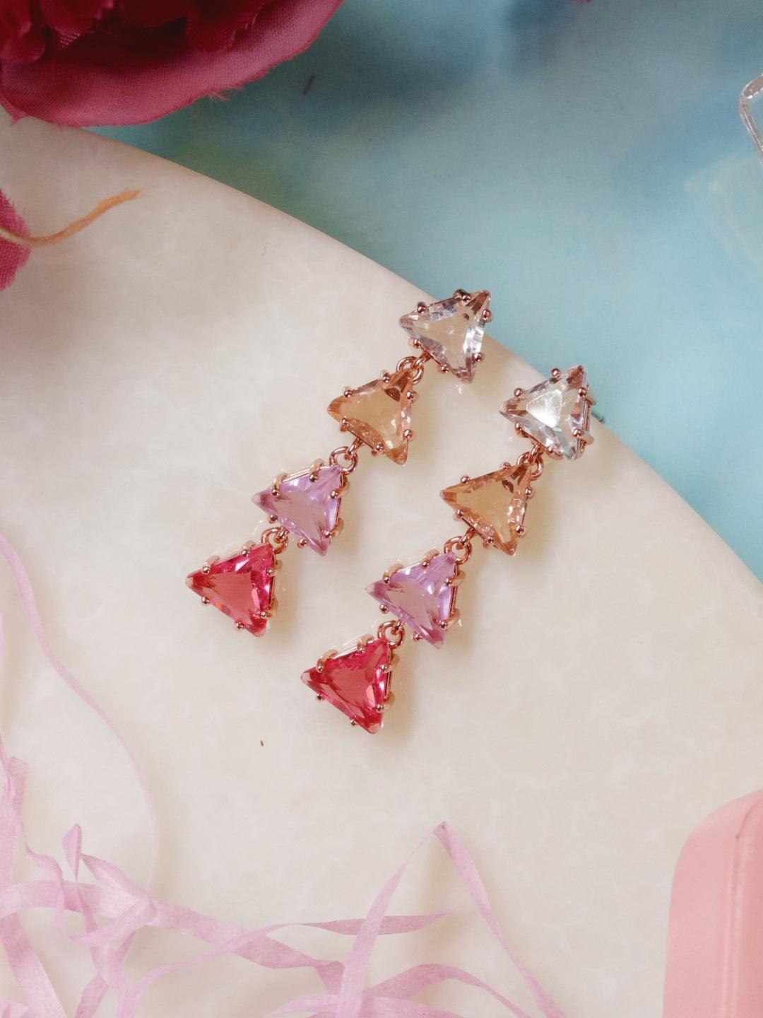 Ishhaara Pink Triangle 4-tiered Pastel Earrings - Pink