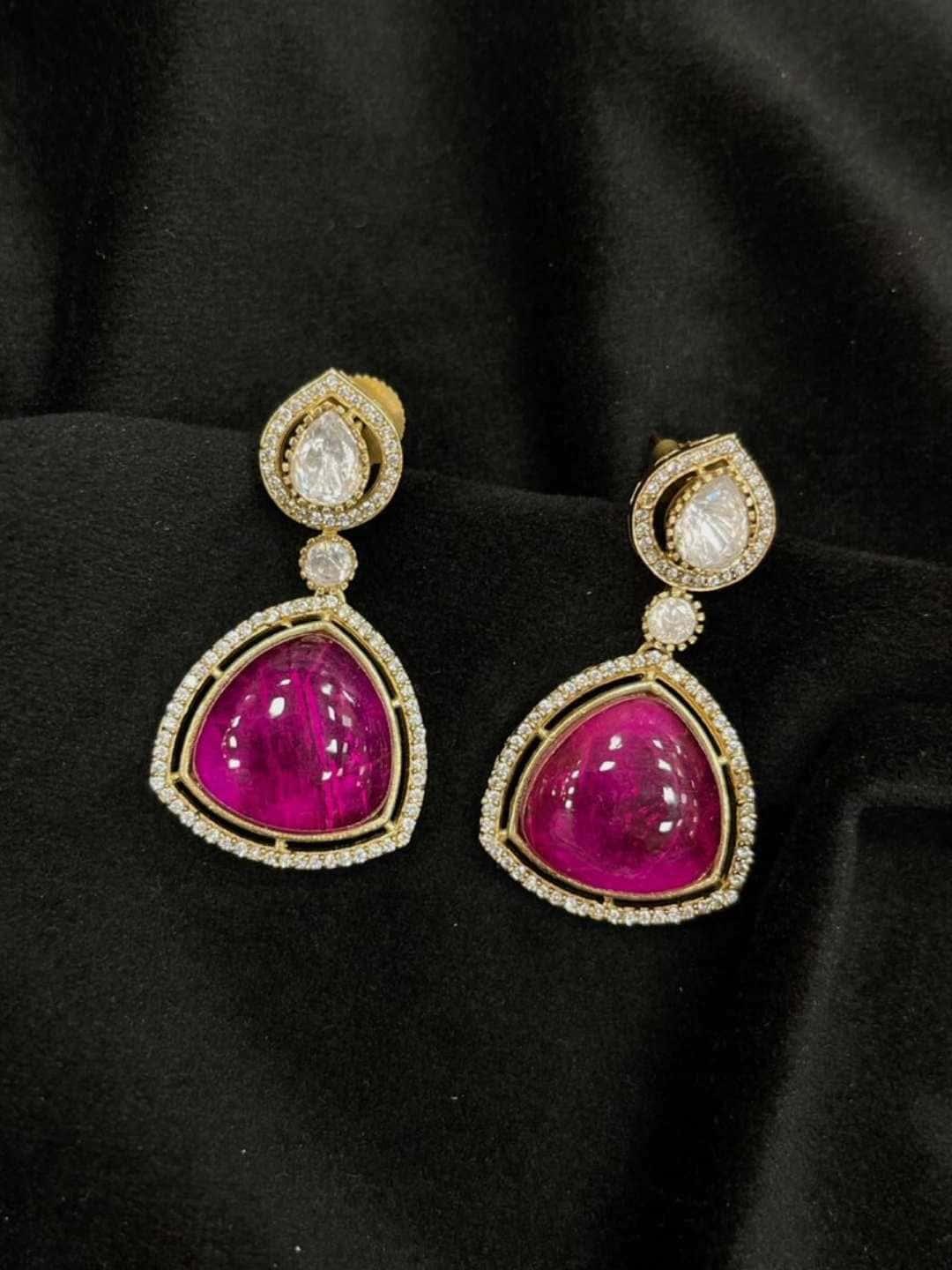 Ishhaara Pink Triangle American Diamond Stud Earrings