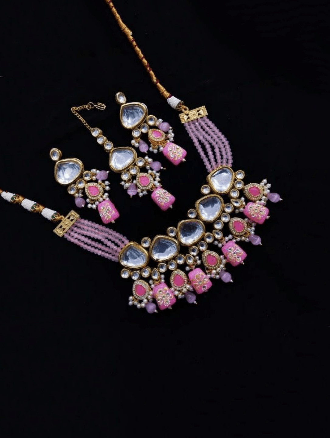 Ishhaara Pink Triangular Kundan Onex Necklace And Earring Set