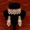 Ishhaara Pink Triangular Meena AD Kundan Choker And Earring Set