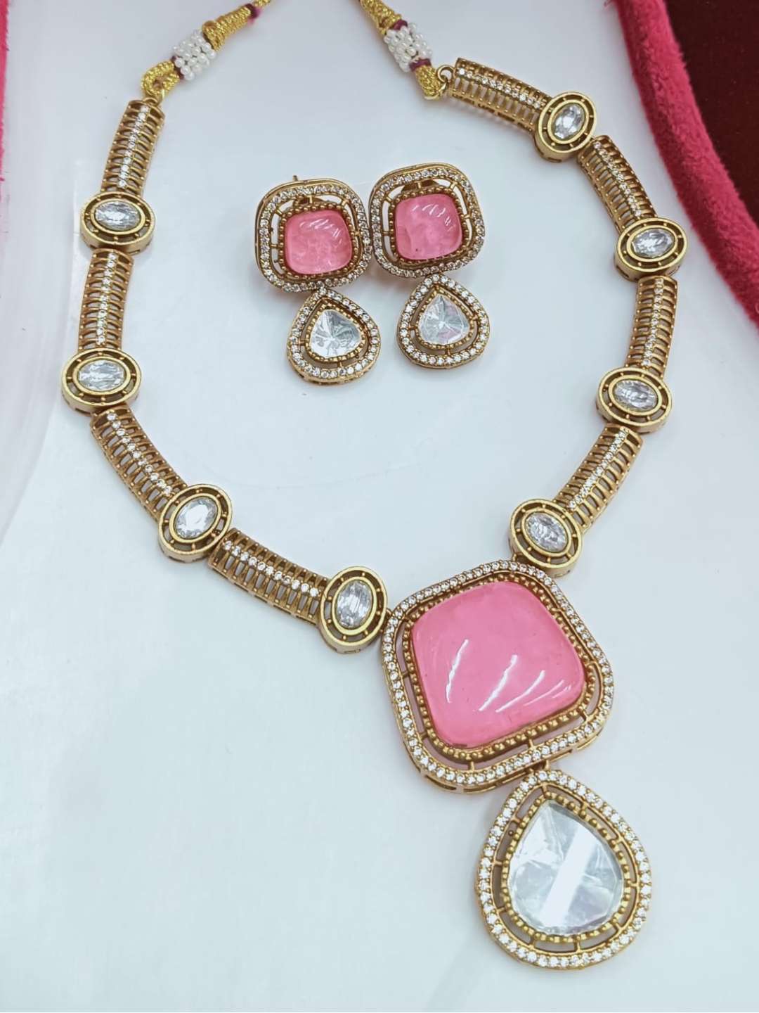 Ishhaara Pink Two Tone Finish Zircon Beaded Necklace Set