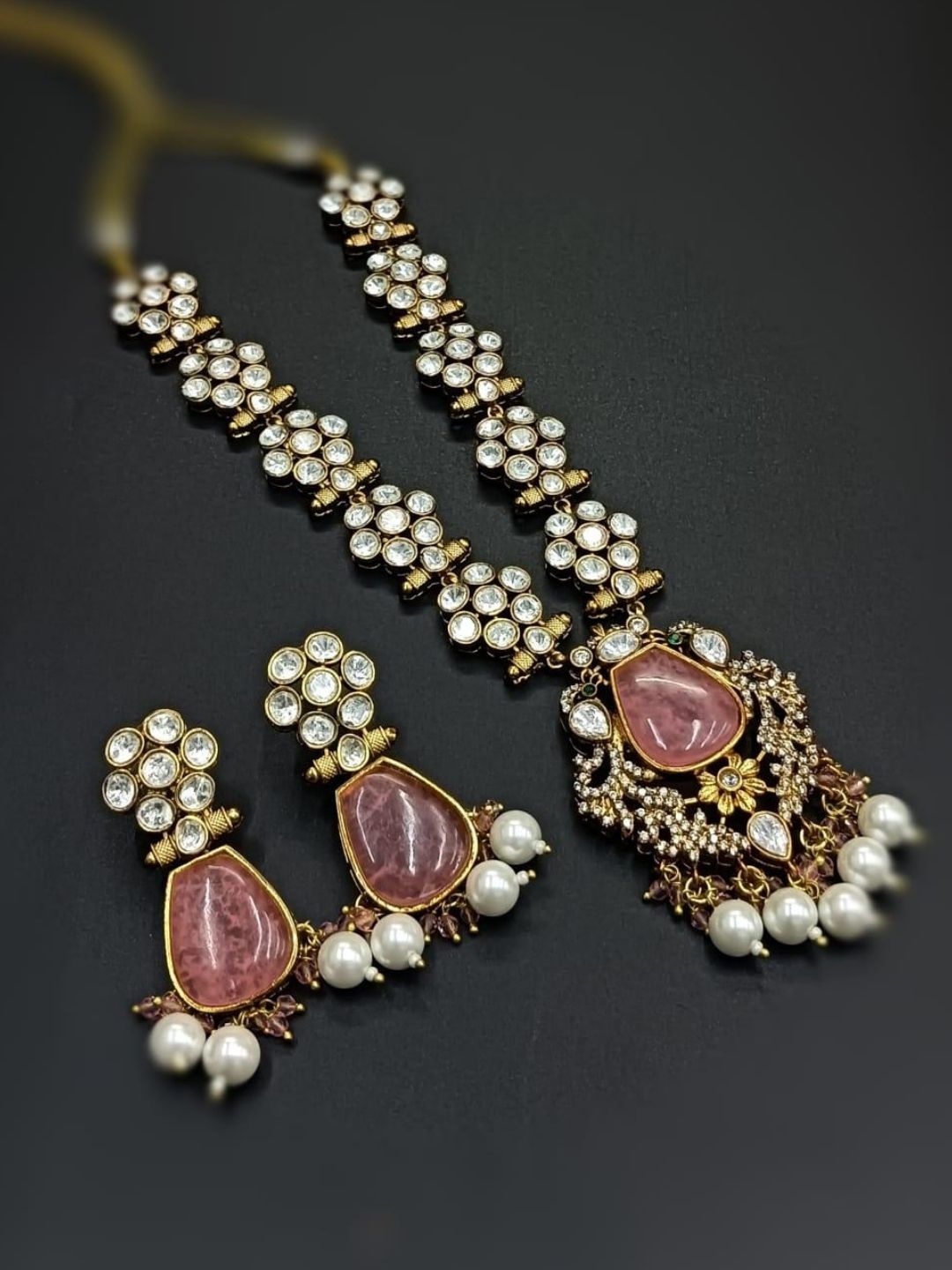 Ishhaara Pink Victoriam Diamond Studded Long Necklace