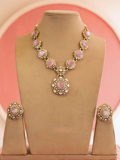 Ishhaara Pink Victorian Miniature Diamond Shape Flower Neckpiece