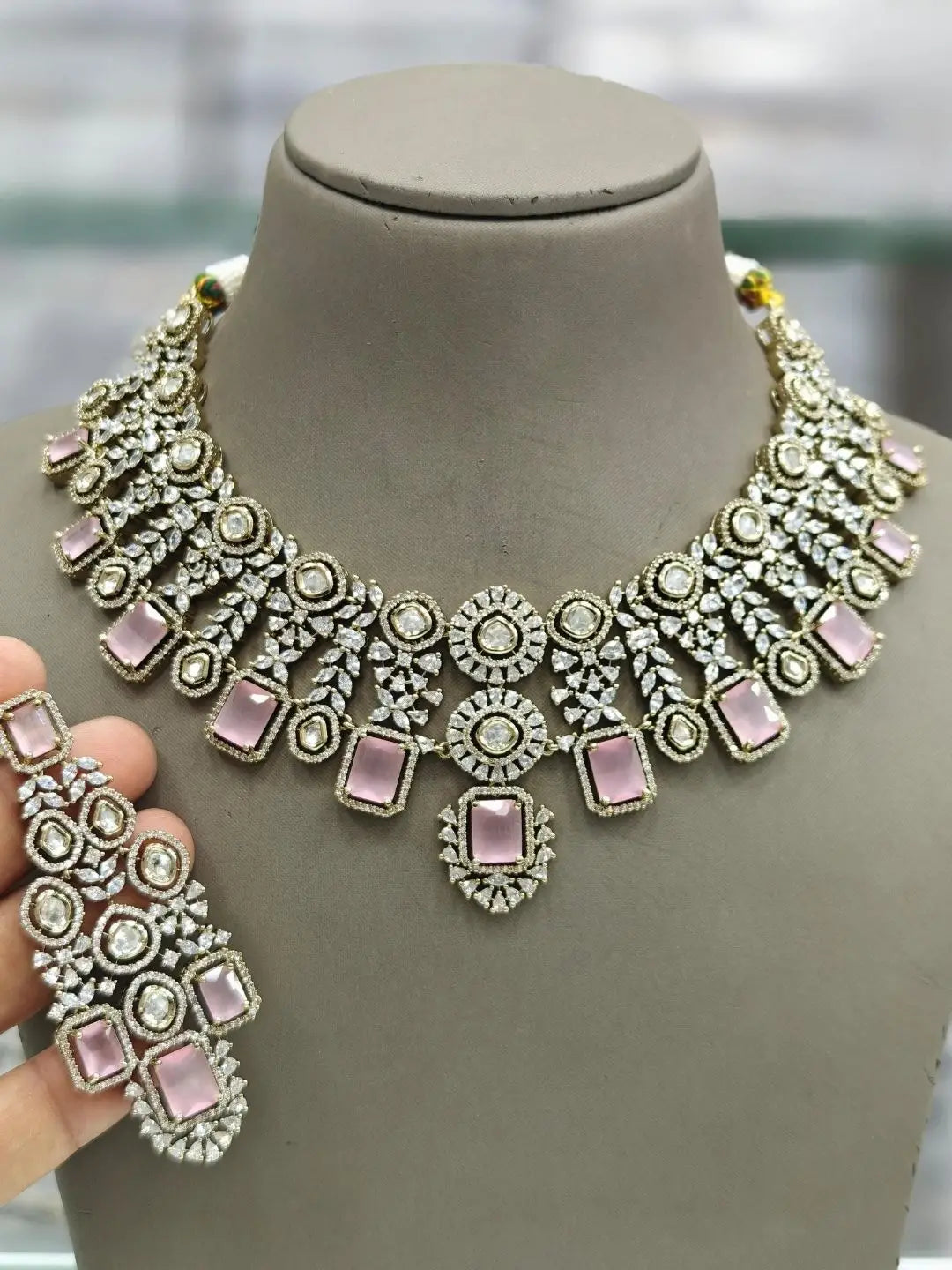 Ishhaara Pink Victorian Moissanite Stone Necklace
