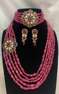 Ishhaara Pink Victorian Pendant Long And Short Necklace Set