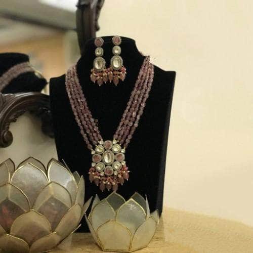 Ishhaara Pink Victorian Pendant Long Necklace And Earring Set
