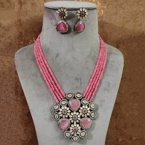Ishhaara Pink Victorian Precious Pendant Necklace Set
