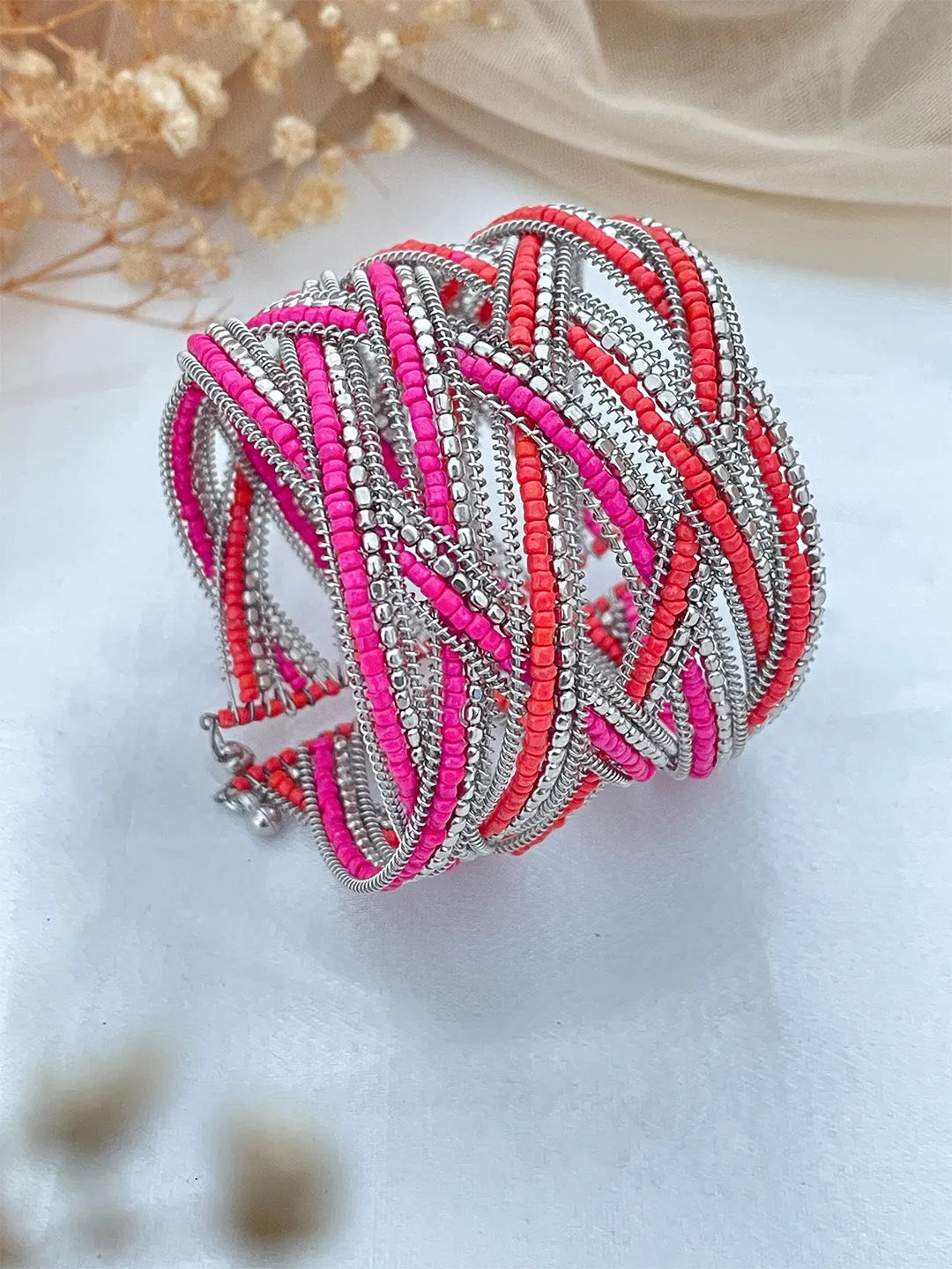 Ishhaara Pink Vintage Beaded Cuff Bracelet