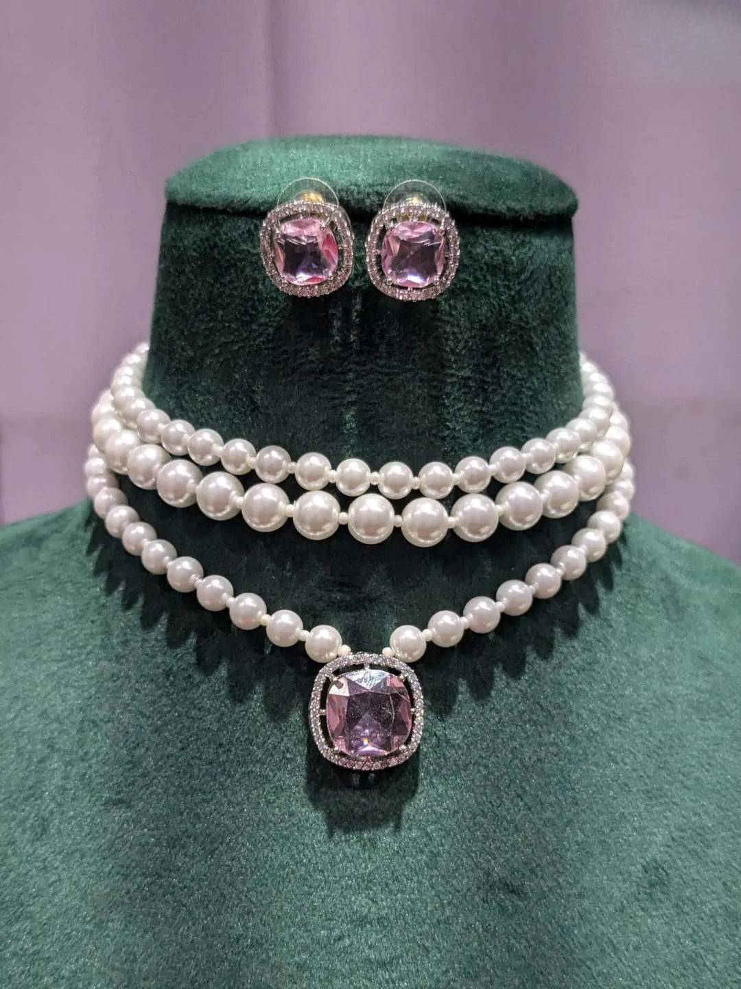 Ishhaara Pink Vintage Triple Layered Pearl Choker Necklace