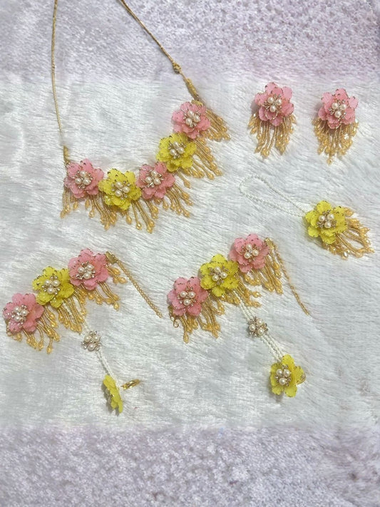 Ishhaara Pink Yellow Floral Necklace Set - handcrafted Indian jewellery