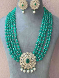 Ishhaara Polki Applique Floral Pendant Green Mala Set