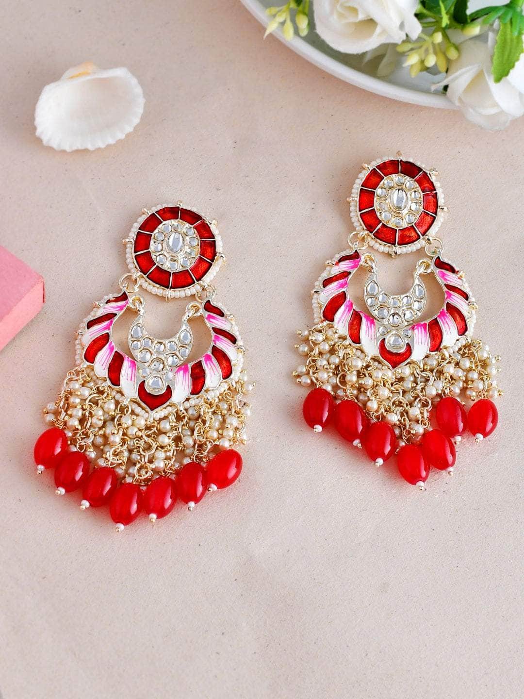 Ishhaara Polki spiral Earrings-Red