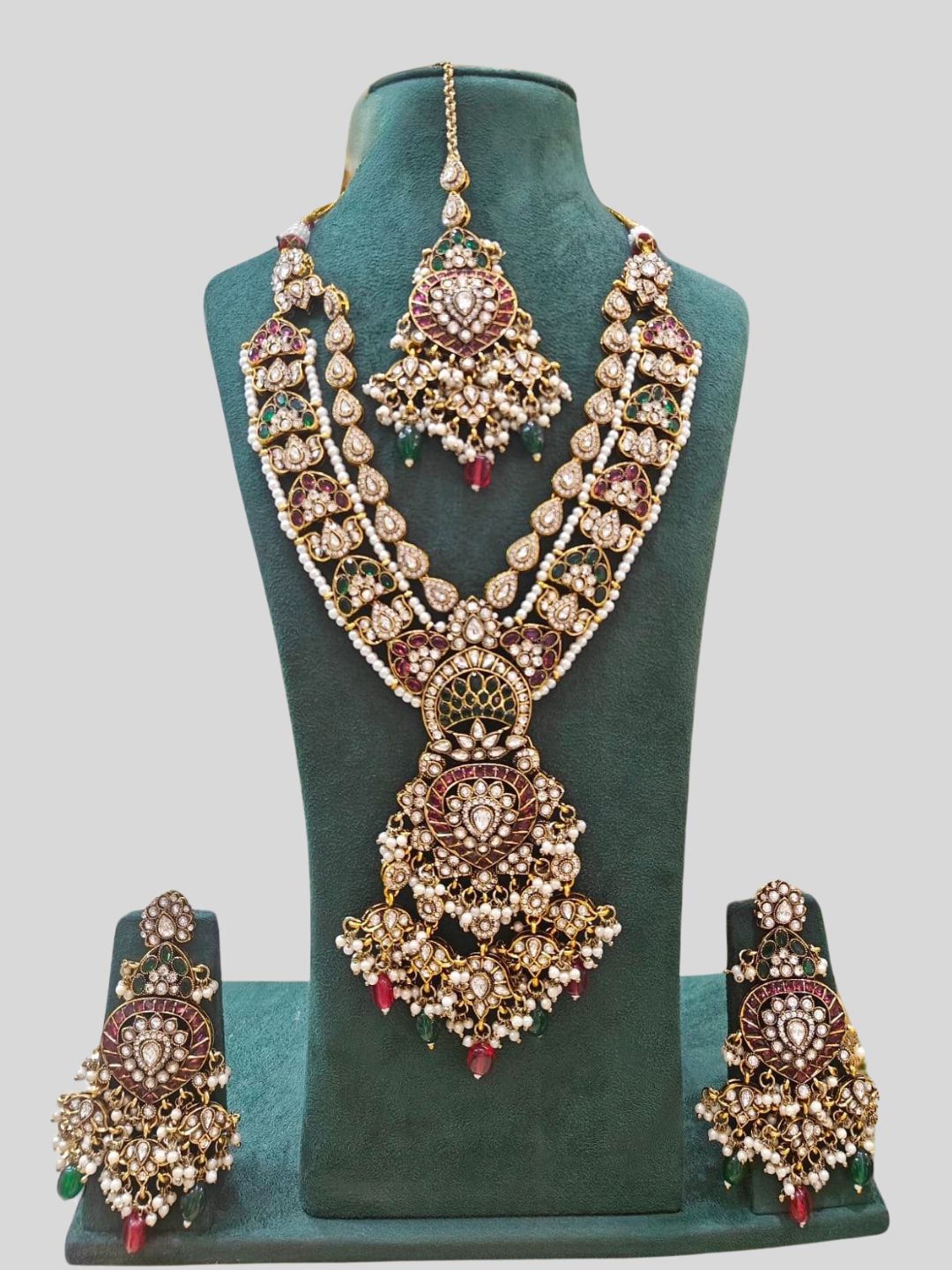 Ishhaara Precious Stone Pachi Kundan Long Bridal Neckalce