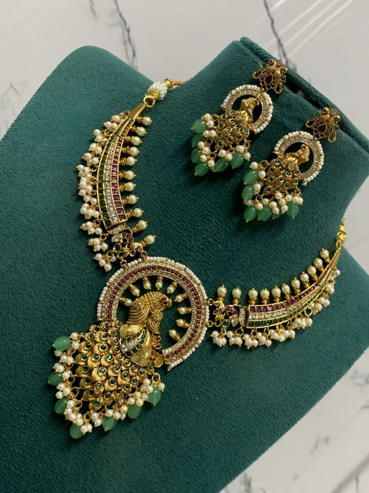 Ishhaara Premium Antique Peacock Jadau Necklace