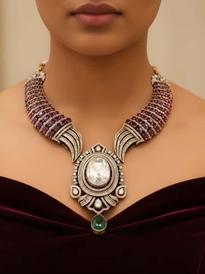 Ishhaara Premium Brass Moissanite Kundan Ruby Choker