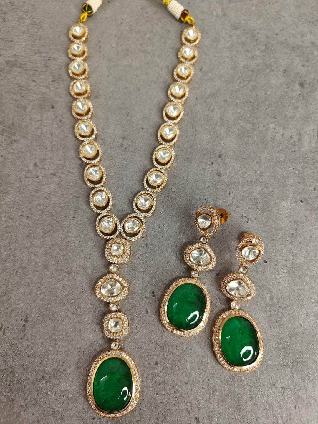 Ishhaara Premium green color kundan choker neclace with stud earring set