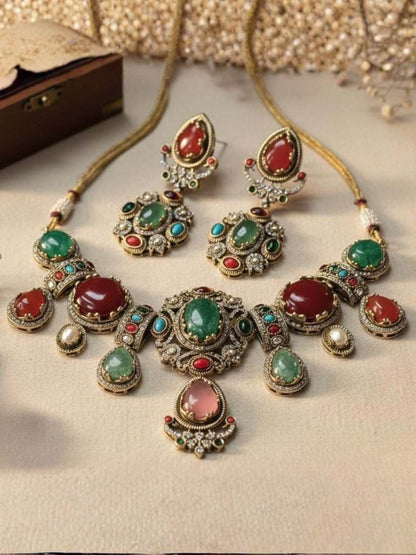 Ishhaara Premium Mossanite Multi Color Carved Stone Necklace