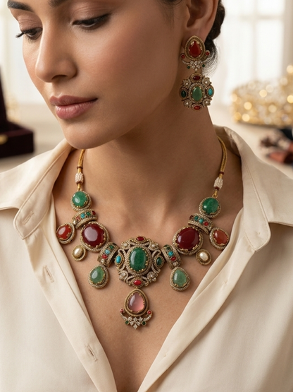 Ishhaara Premium Mossanite Multi Color Carved Stone Necklace