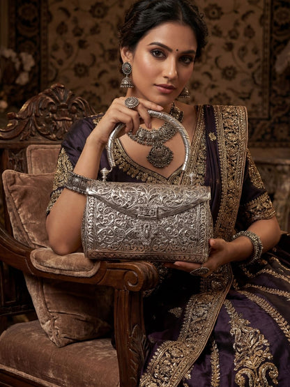 Ishhaara Pure Handcrafted Antique Silver Metal Clutch Bag
