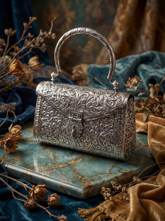 Ishhaara Pure Handcrafted Antique Silver Metal Clutch Bag