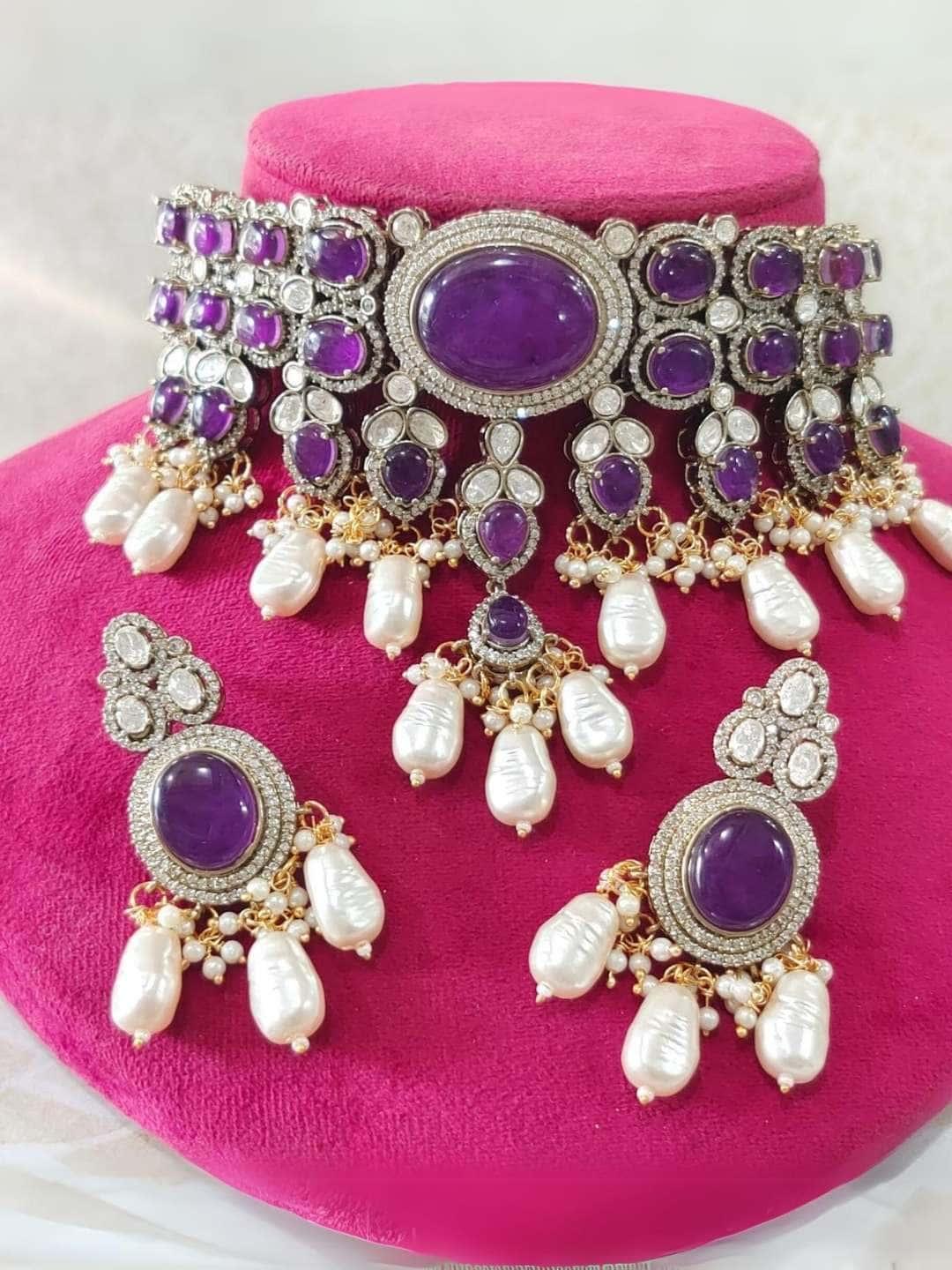 Ishhaara Purple Carved Emerald Kundan Choker