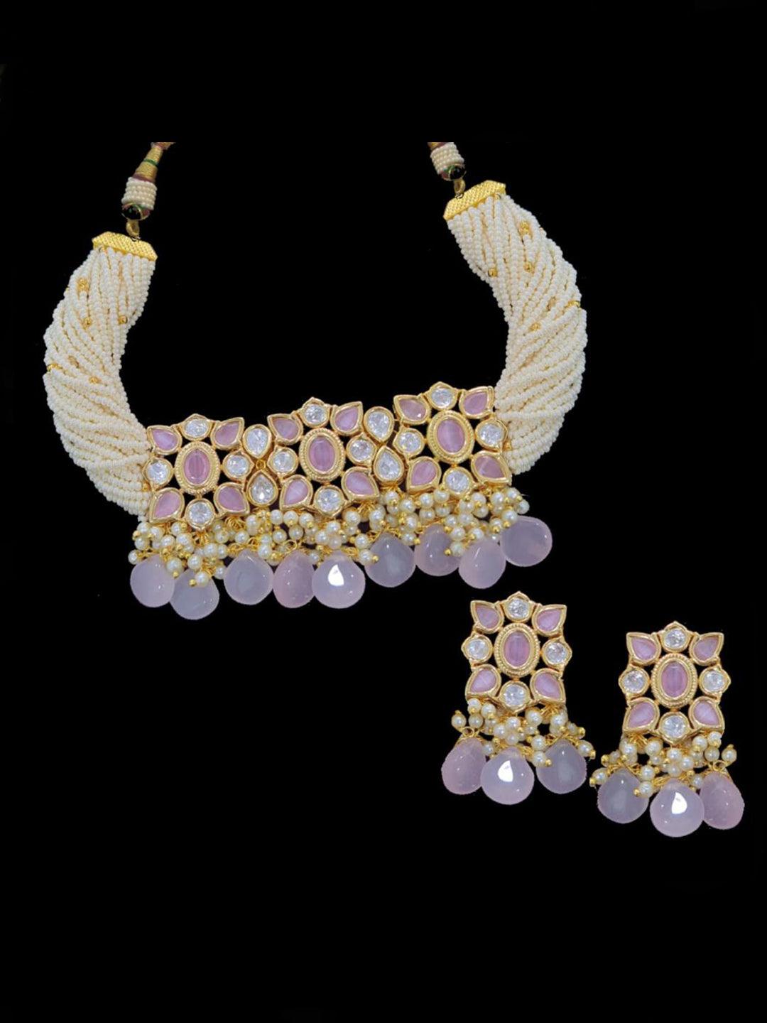 Ishhaara Purple Crystal Faux Pearl Choker Necklace Set
