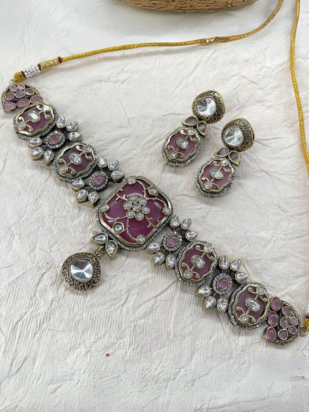 Ishhaara Purple Elegant Emerald Stone Victorian Necklace