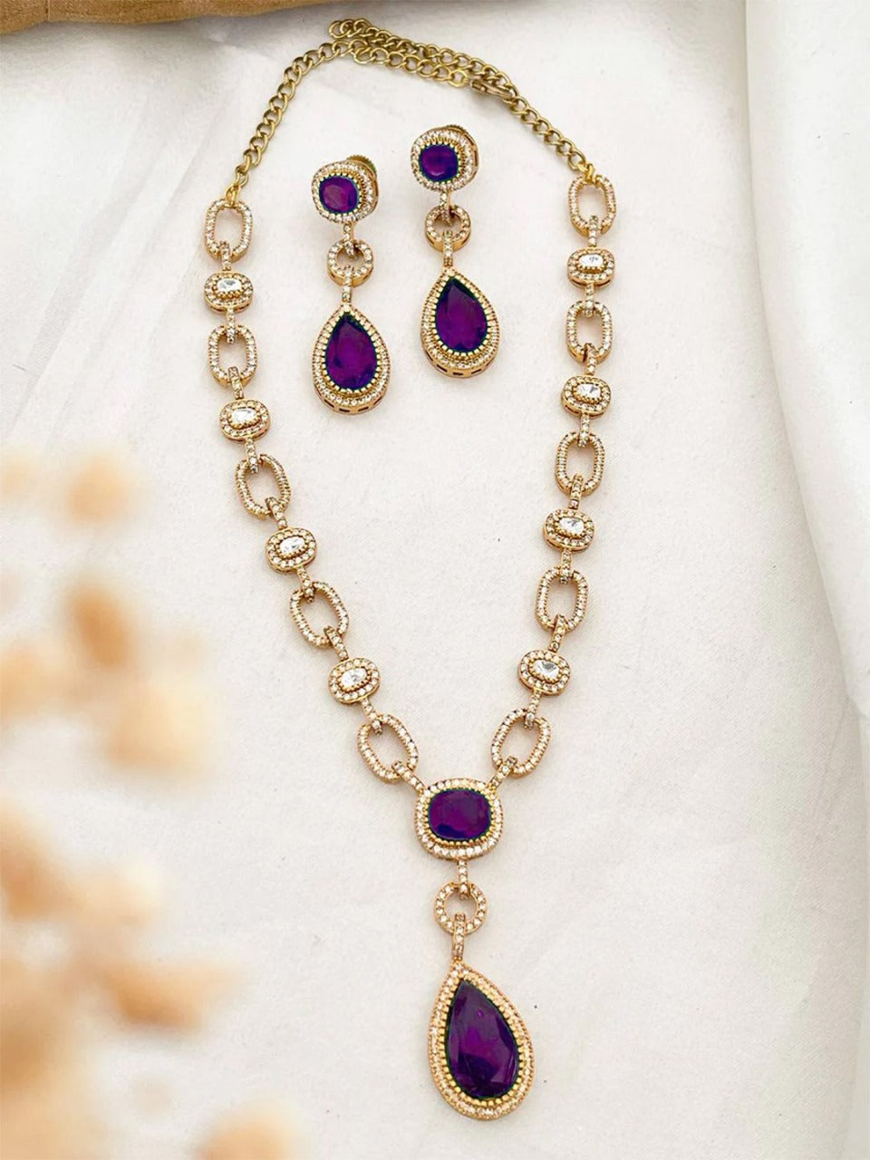 Ishhaara Purple Emeralad Kundan Long Necklace Set