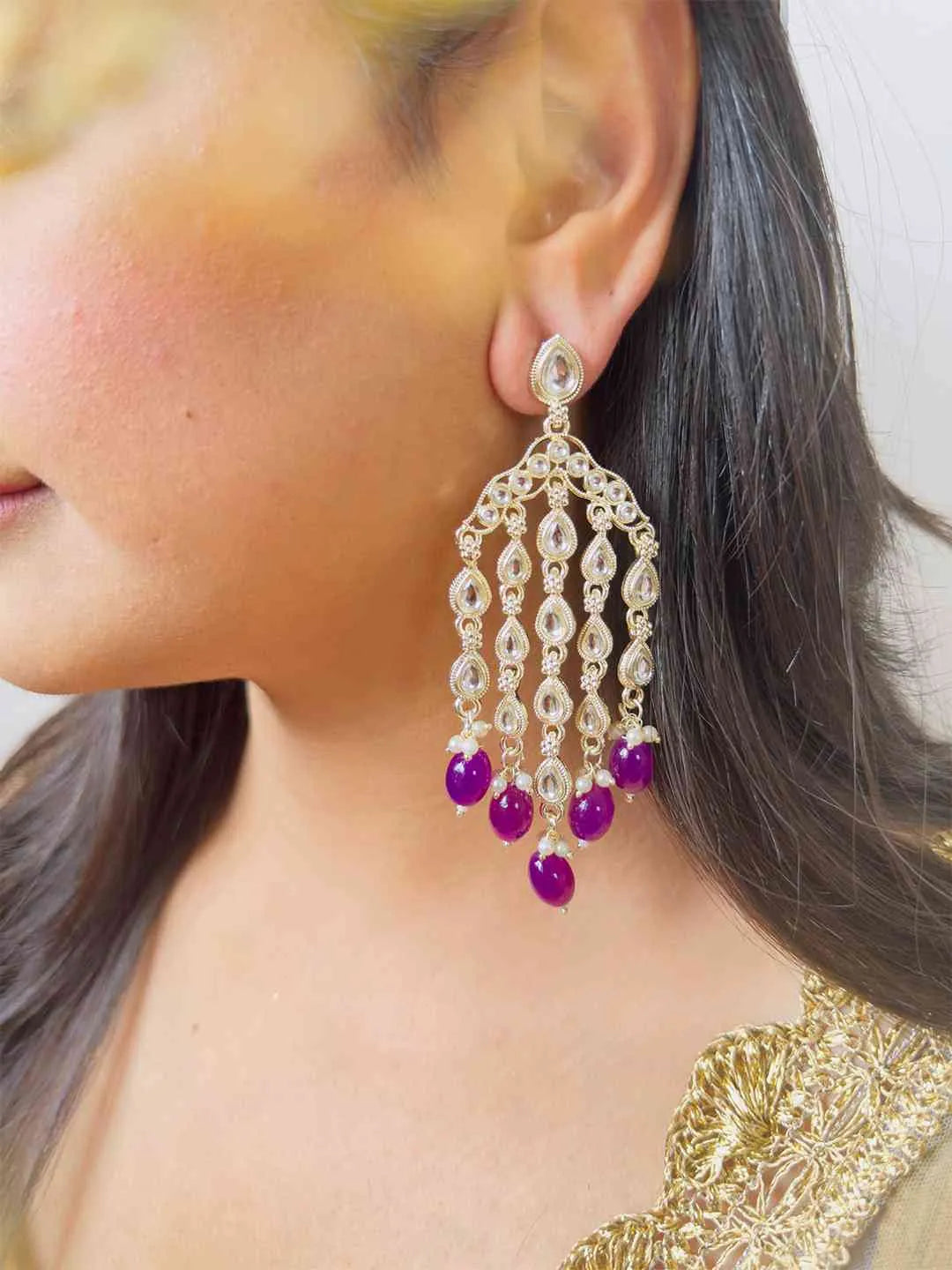 Ishhaara Purple Gold Plated Contemporary Drop Earrings