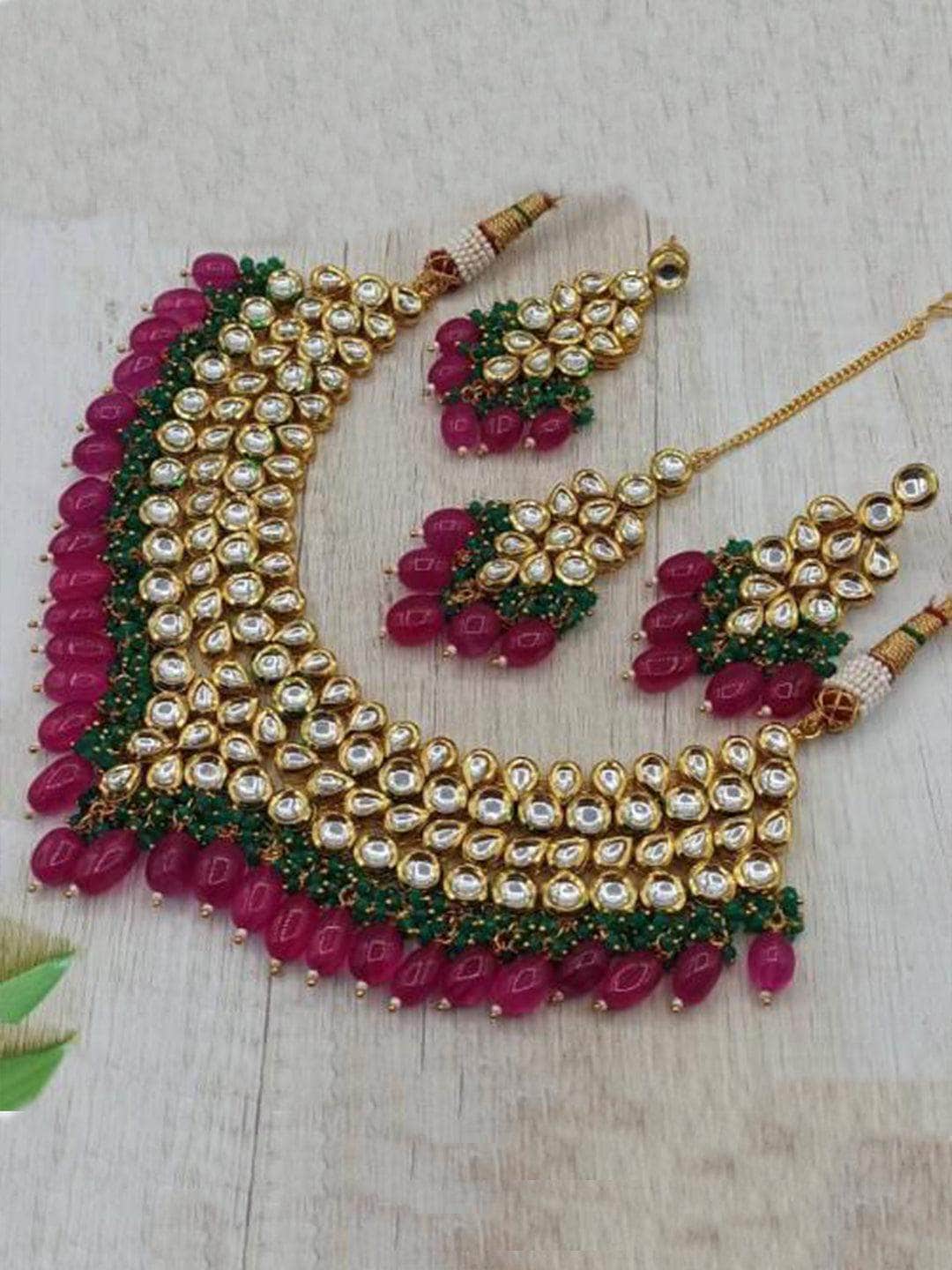 Ishhaara Purple Kundan Beads Fine Necklace Earring And Teeka Set
