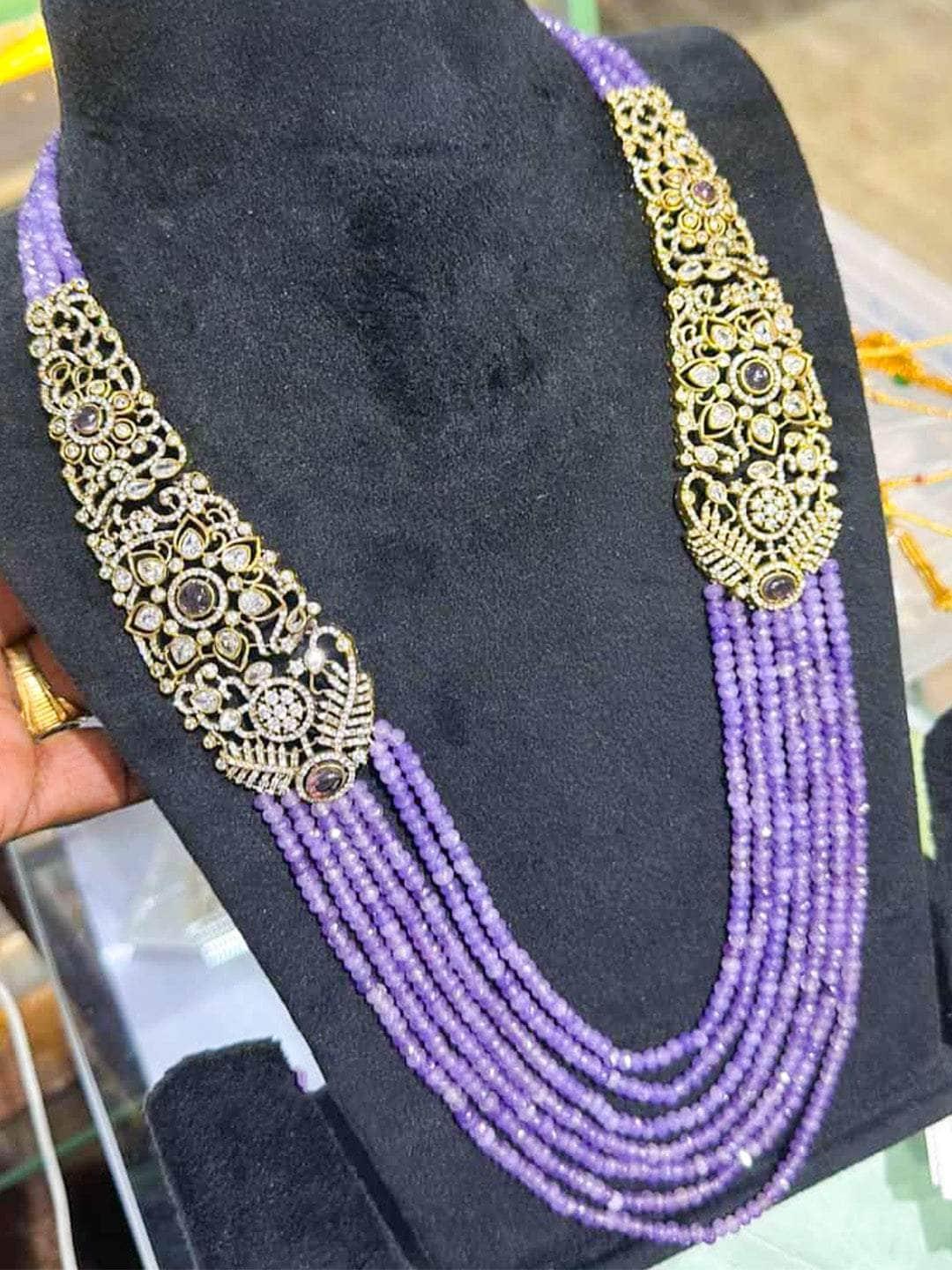 Ishhaara Purple Kundan Long Beeded Necklace Set