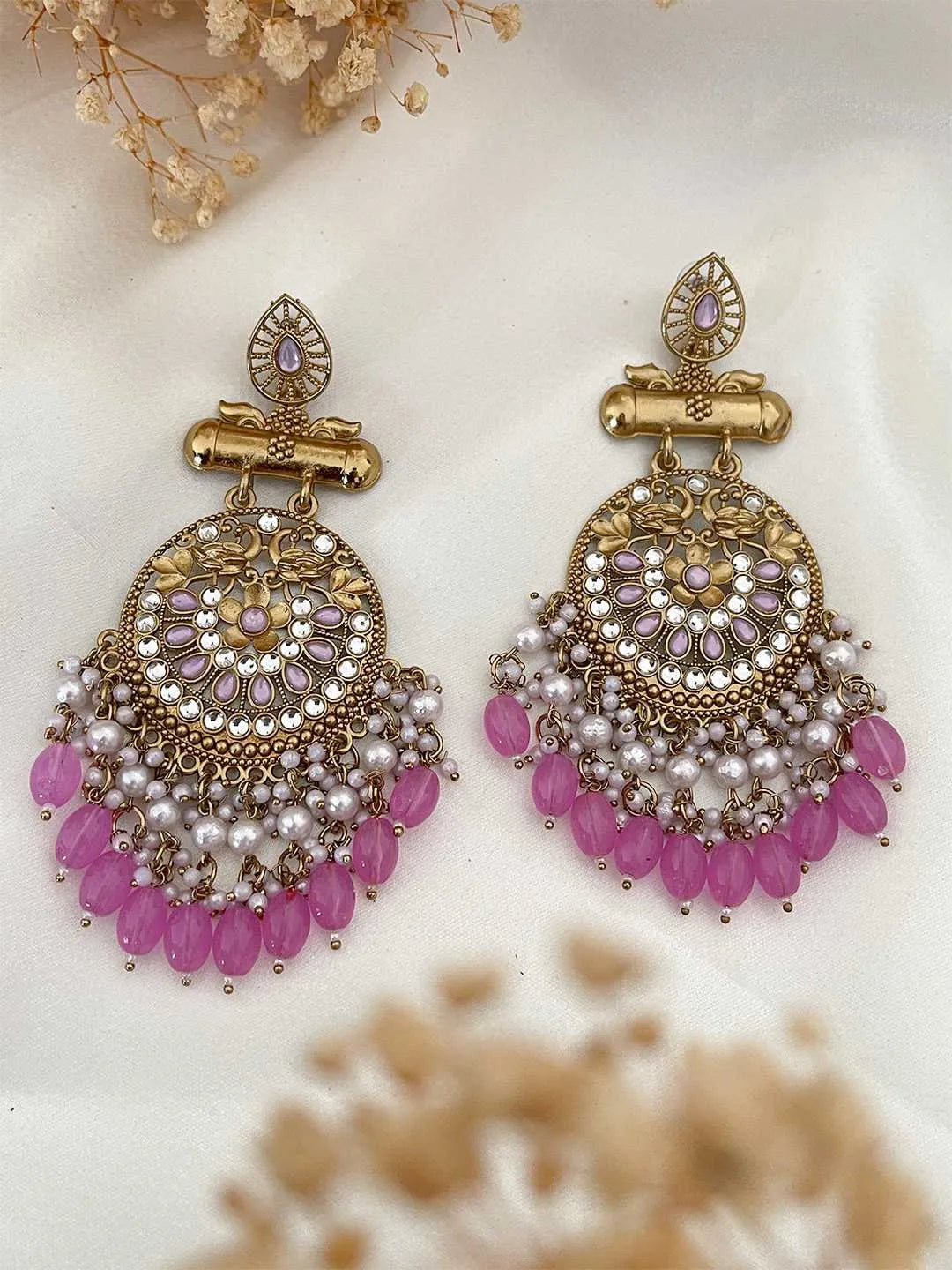 Ishhaara Purple Kundan Long Designer Chandbali Earrings