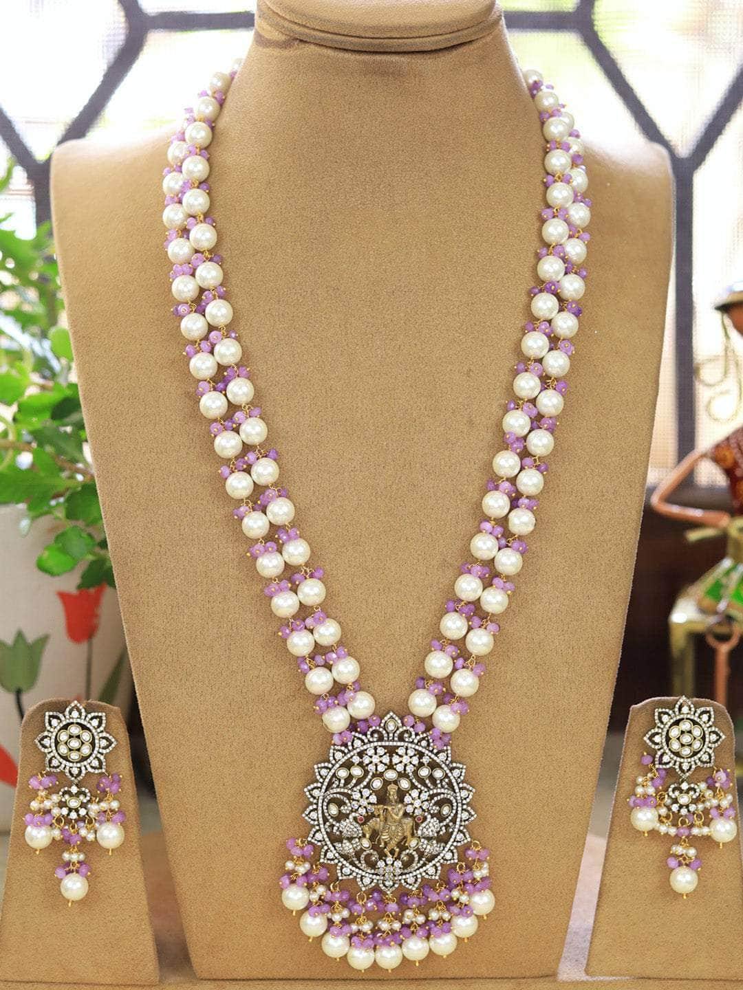 Ishhaara Purple Kundan Pearl Studded Long Temple Necklace