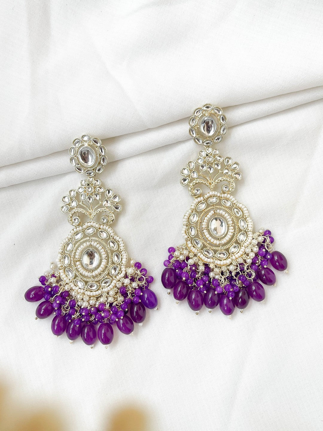 Ishhaara Purple Kundan Polki And Pearl Drop Chandbaali Earrings