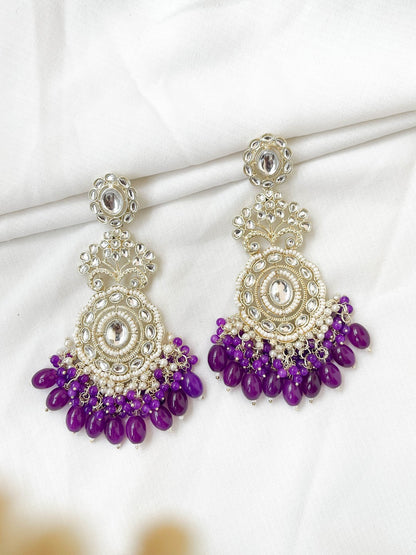 Ishhaara Purple Kundan Polki And Pearl Drop Chandbaali Earrings