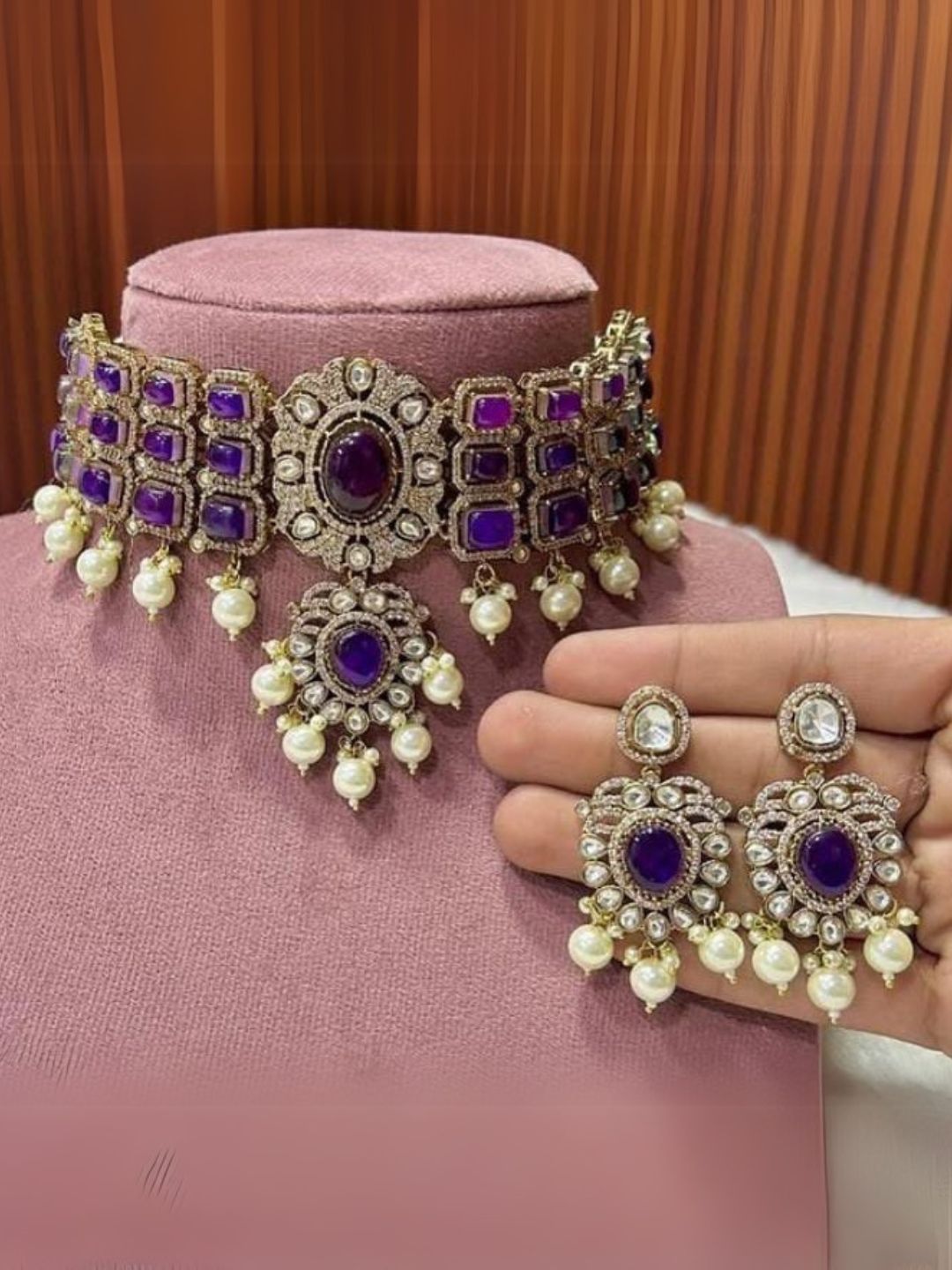 Ishhaara Purple Kundan Polki And Pearl Meenakari Choker Necklace Set