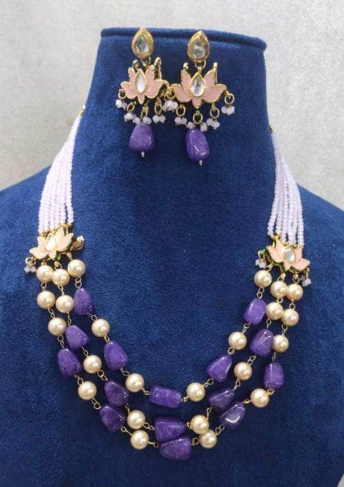 Ishhaara Purple Lotus Motif Side Patch Necklace Set