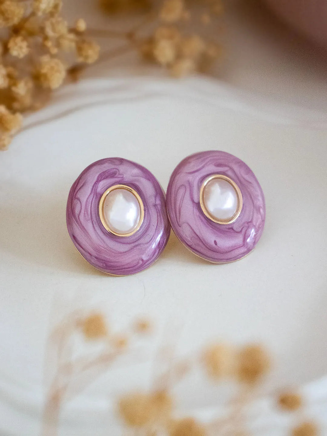 Ishhaara Pink Marble Effect Button Studs