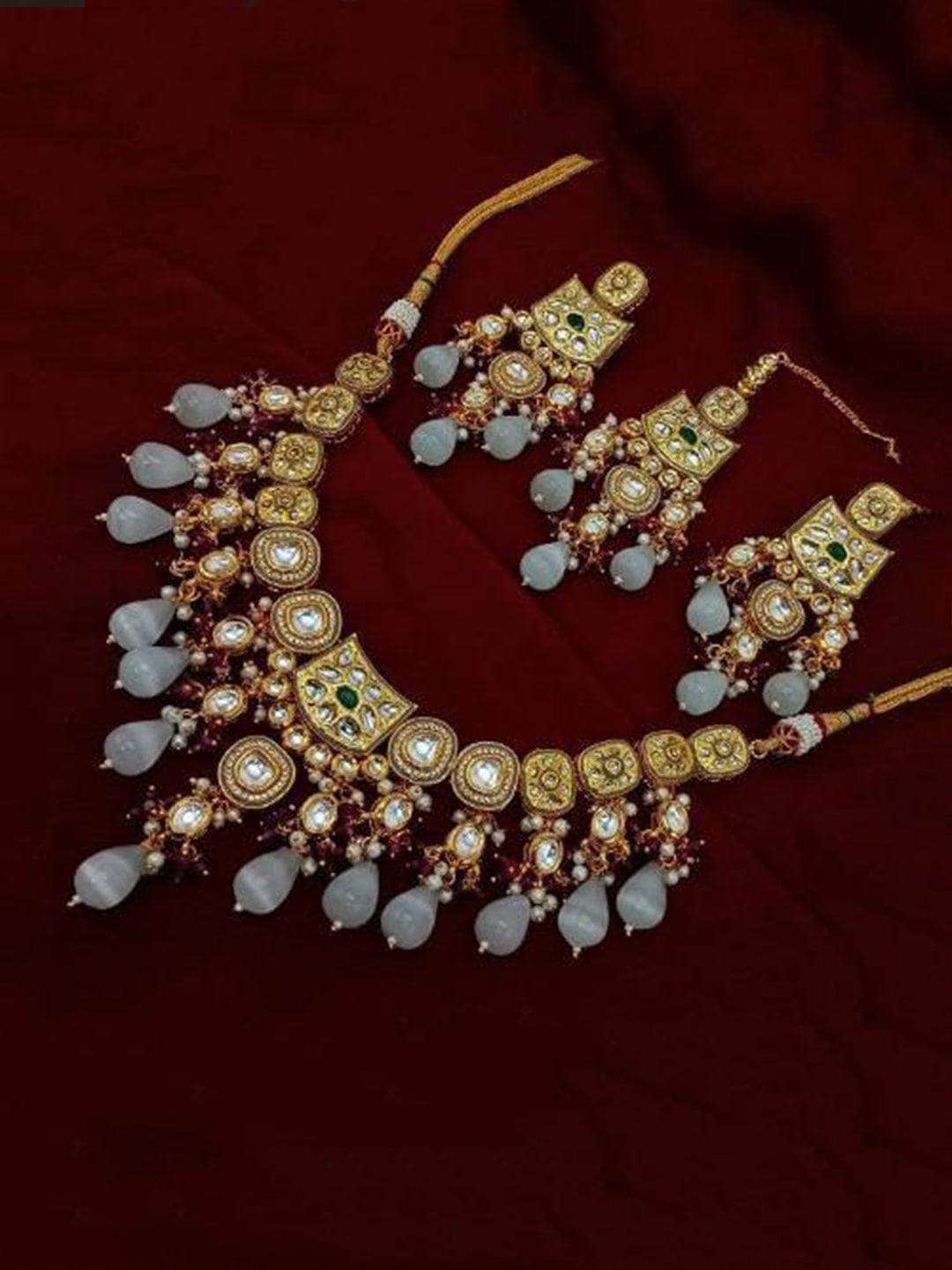 Ishhaara Purple Meena AD Jadau Kundan Necklace Earring And Teeka Set