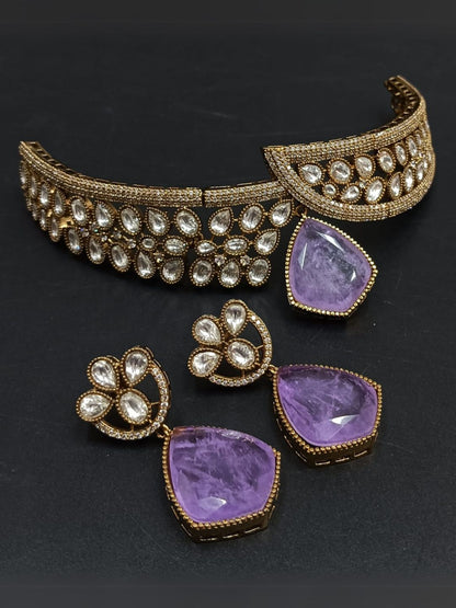 Ishhaara Purple Moissanate Polki Kundan Victorian Finish Choker Necklace