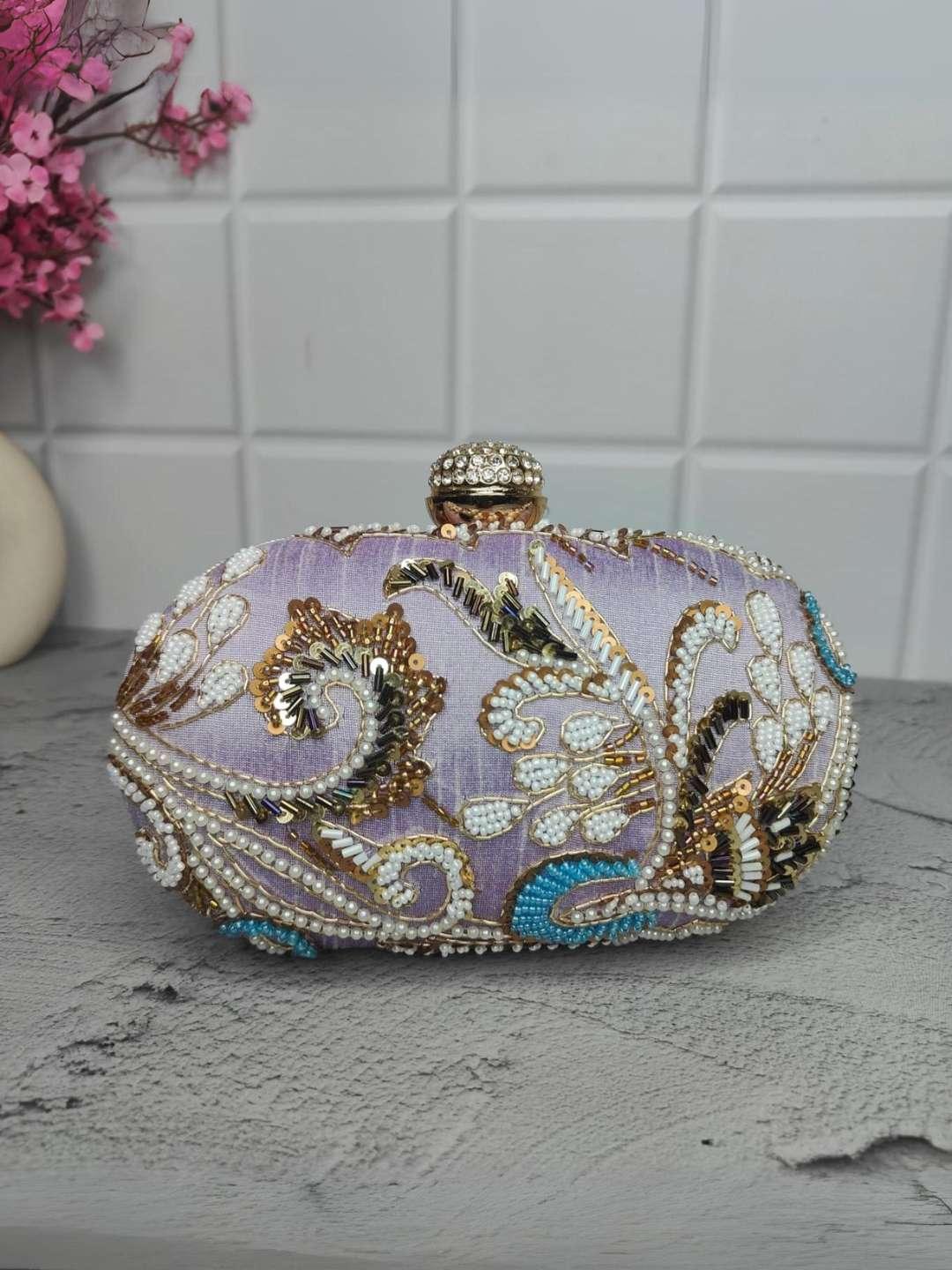 Ishhaara Purple New Design Embroidery Oval Clutch