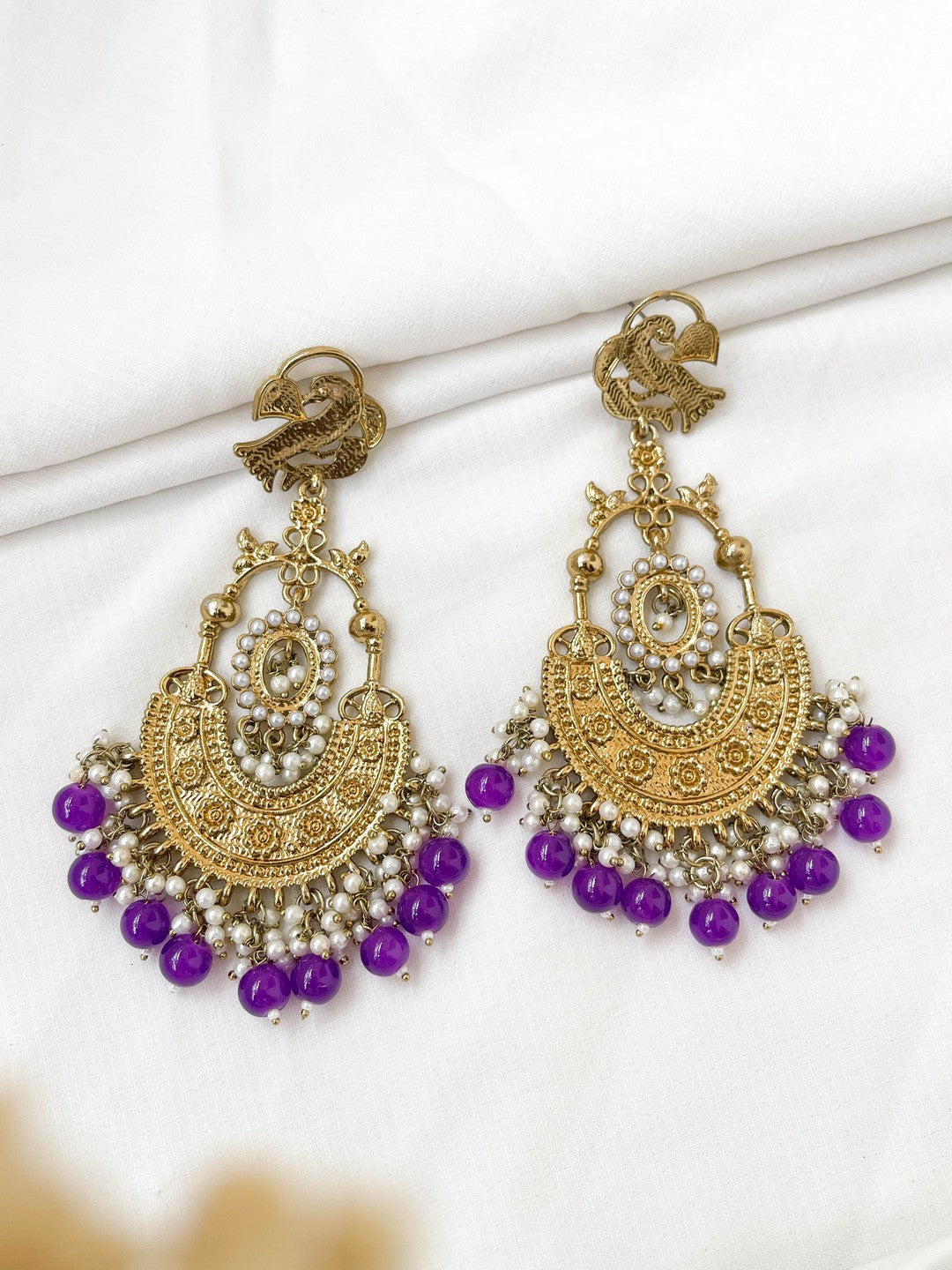 Ishhaara Purple Peacock Shaped Stones And Beads Chandbalis