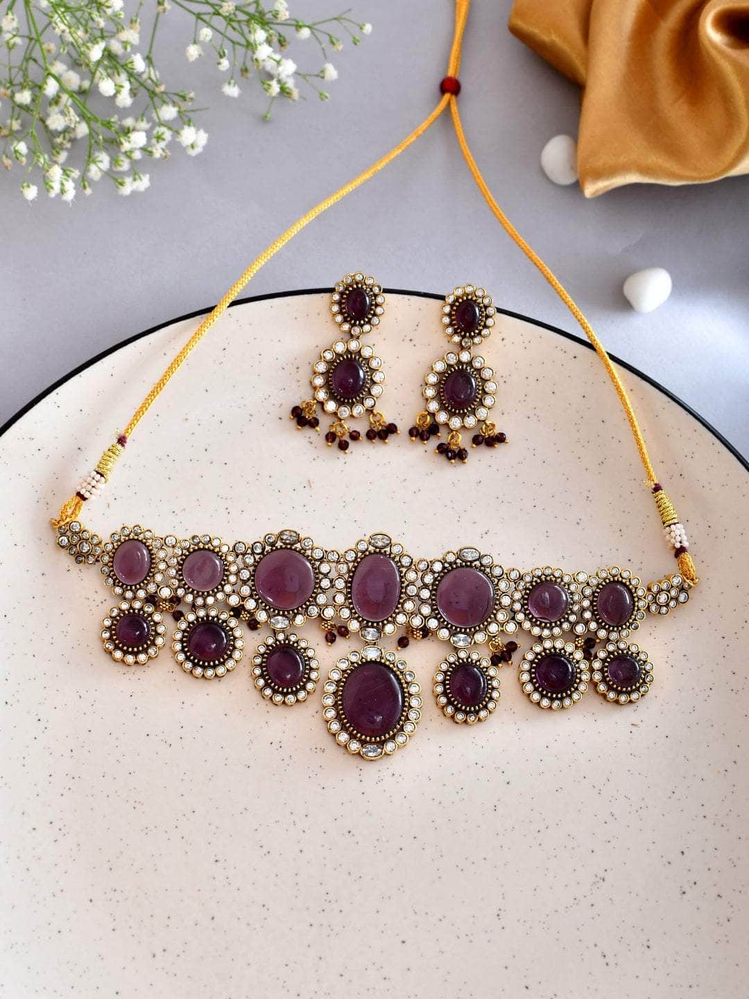 Ishhaara Purple Pink Kundan Pearl Necklace Set