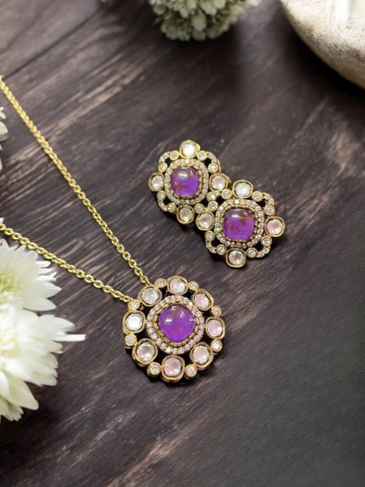 Ishhaara Purple Premium Polki Kundan Pendant Necklace With Natural Doublet Stone