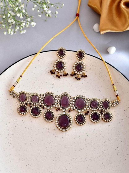 Ishhaara Purple Kundan Pearl Necklace Set