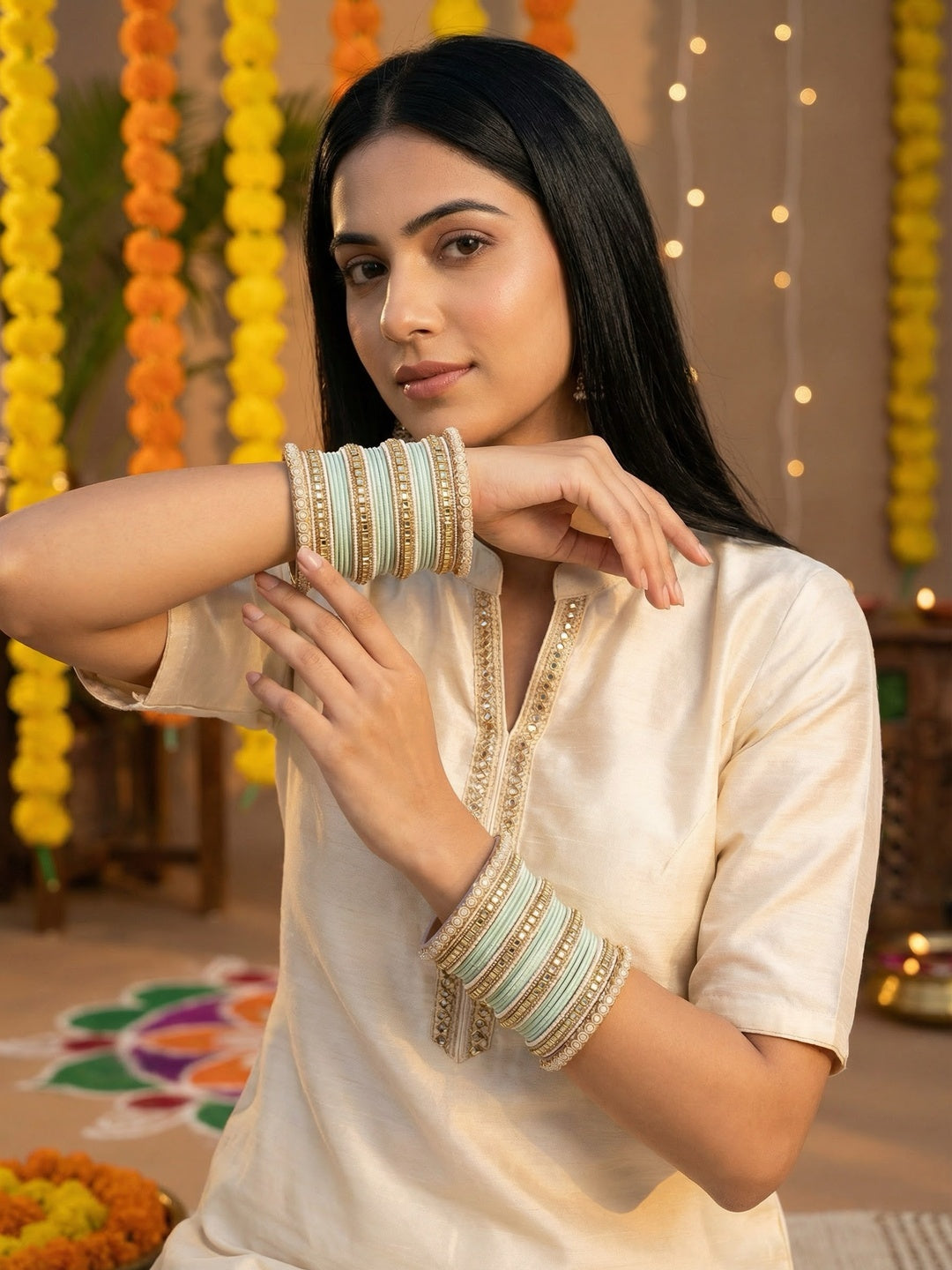 Ishhaara Purple Silk Thread Bangle Set - a pair of intricately designed bangles with purple silk threads and Kundan work - view 18