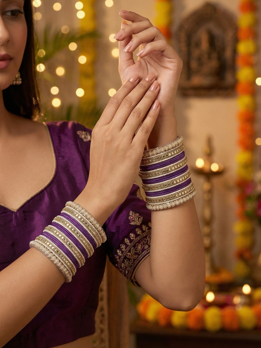 Ishhaara Purple Silk Thread Bangle Set - a pair of intricately designed bangles with purple silk threads and Kundan work - view 2